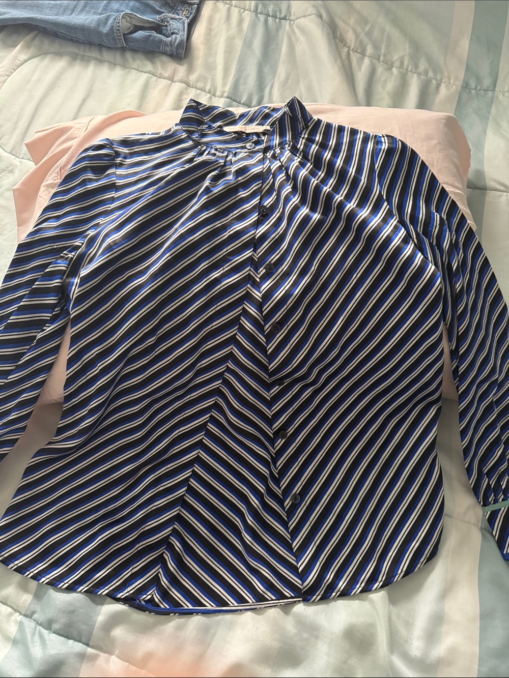 Tory Burch Black, Blue and White Striped Silk Blouse - Picture 2 of 10